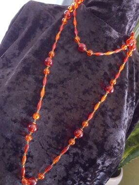 Elegant Vintage  Honey Amber & Red Beaded 50 In. Necklace.